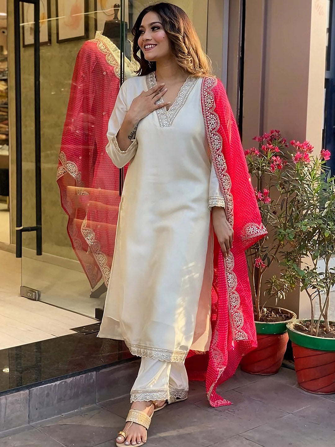 Kalini Floral Embroidered Regular Sequinned Kurta With Trousers & Dupatta - Distacart