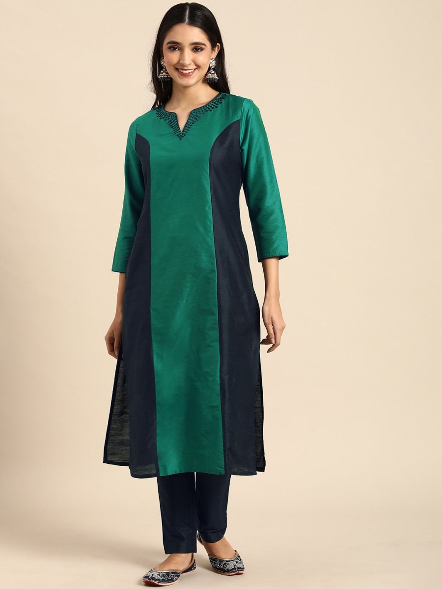 All About You Women Green & Navy Blue Colourblocked Kurta with Trousers - Distacart