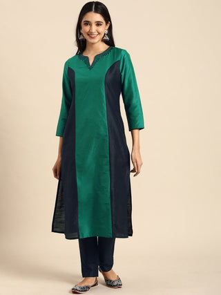 All About You Women Green & Navy Blue Colourblocked Kurta with Trousers - Distacart