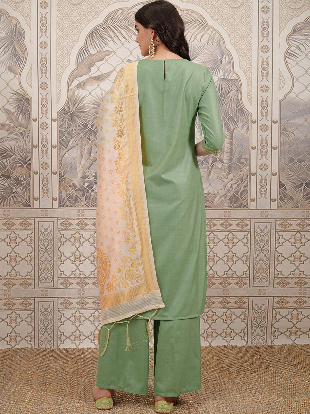 Vishudh Green Ethnic Motifs Yoke Design Thread Work Straight Kurta With Palazzos & Dupatta