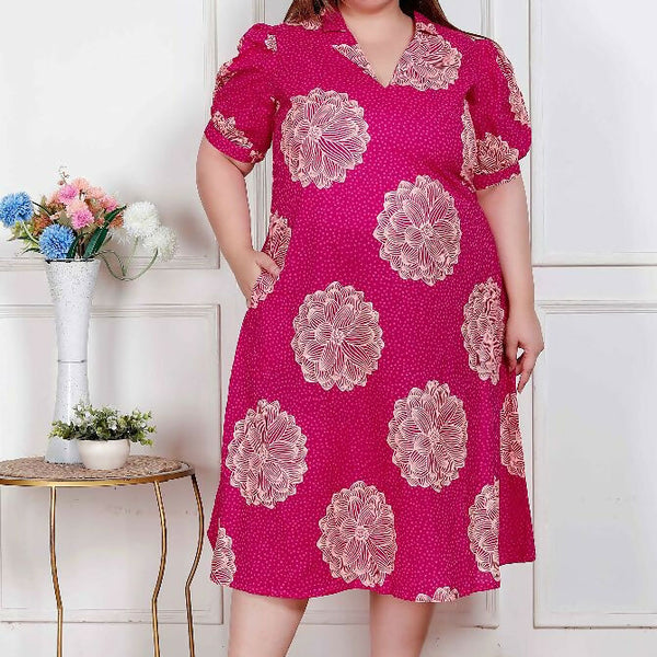 Miravan Plus Size Womens Pink Printed Collar Neck Short Puff Sleeves Cotton A-Line Maxi Dress - Distacart