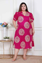 Thumbnail for Miravan Plus Size Womens Pink Printed Collar Neck Short Puff Sleeves Cotton A-Line Maxi Dress - Distacart