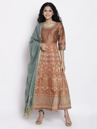 AURELIA Ethnic Motifs Print Round Neck A-Line Maxi Dress With Dupatta - Distacart