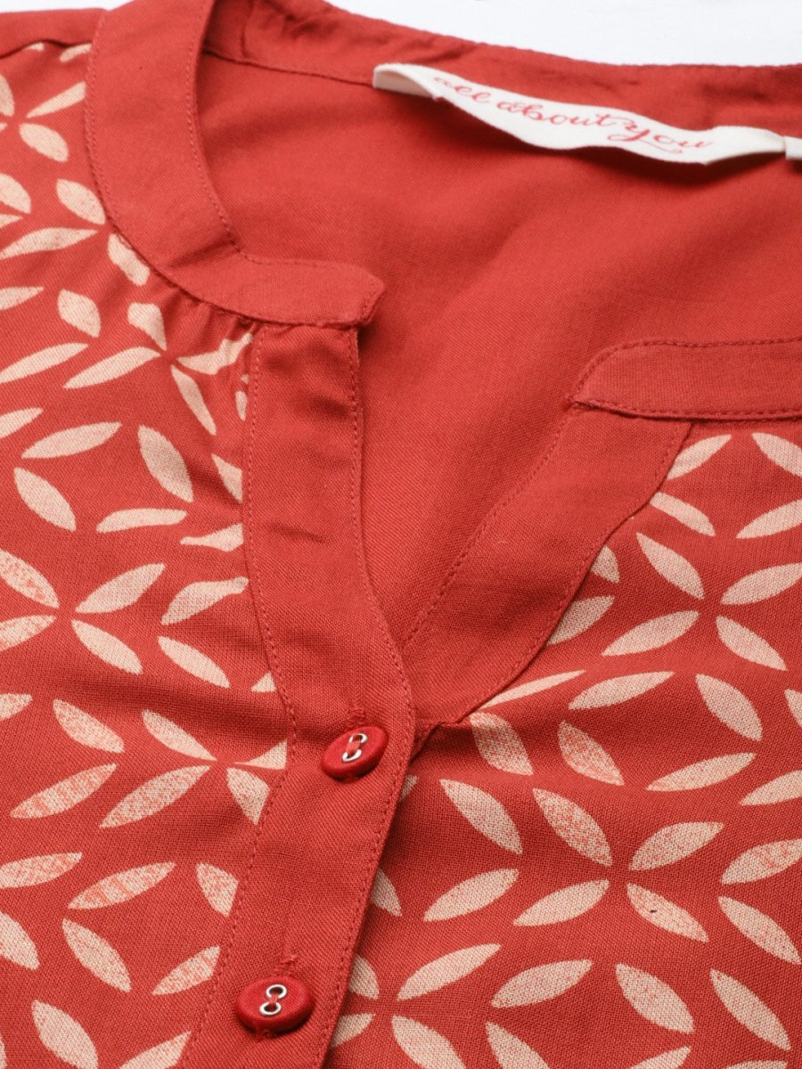 All About You Women Red & Cream Printed Kurta with Trousers - Distacart
