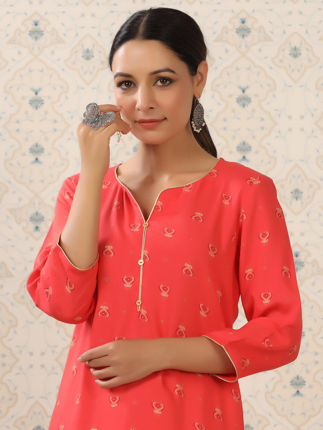 Ode by House of Pataudi Red & Yellow Ethnic Motif Printed Notched Neck Kurta With Palazzos - Distacart