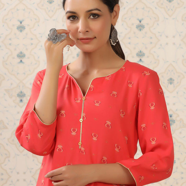 Ode by House of Pataudi Red & Yellow Ethnic Motif Printed Notched Neck Kurta With Palazzos - Distacart