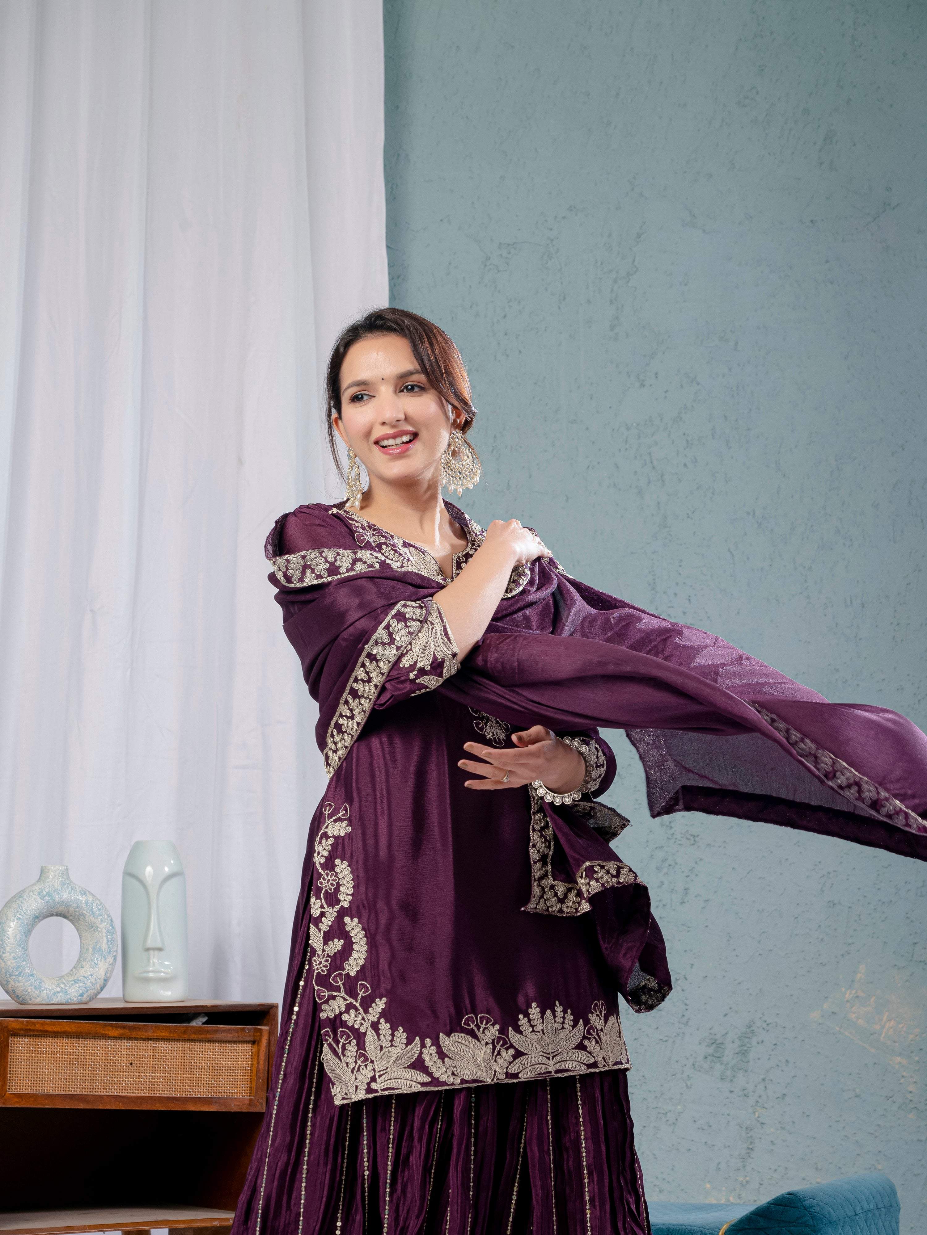 Yash Enterprise Wine Chinon Silk Embroidery Party Wear Suit Set