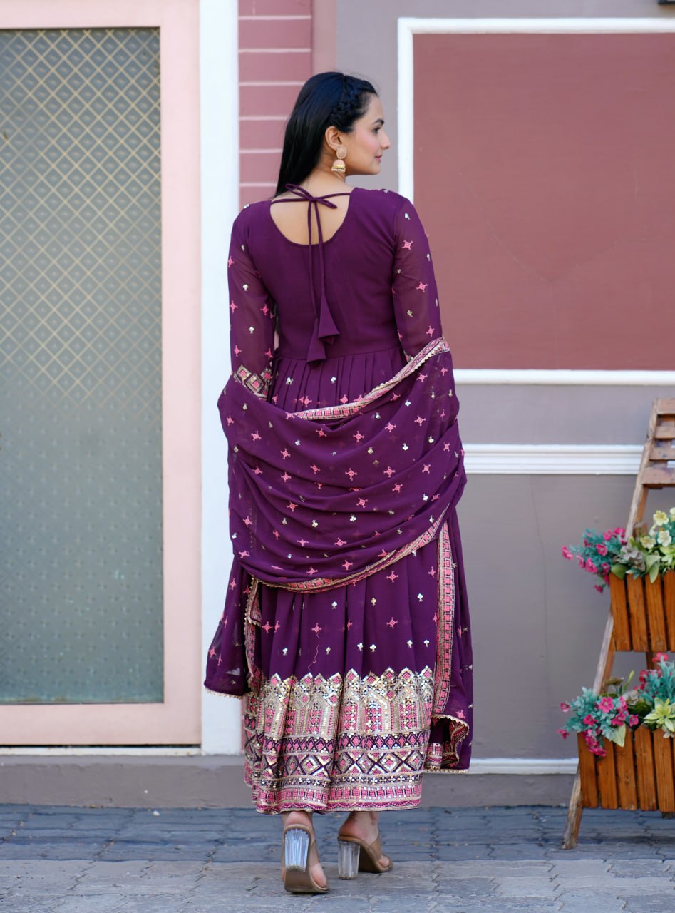 Yash Enterprise Wine Georgette Party Wear Embroidery Party Wear Suit Set