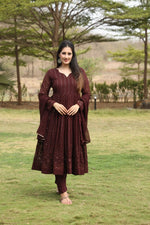 Thumbnail for Yash Enterprise Wine Georgette Embroidery Party Wear Suit Set