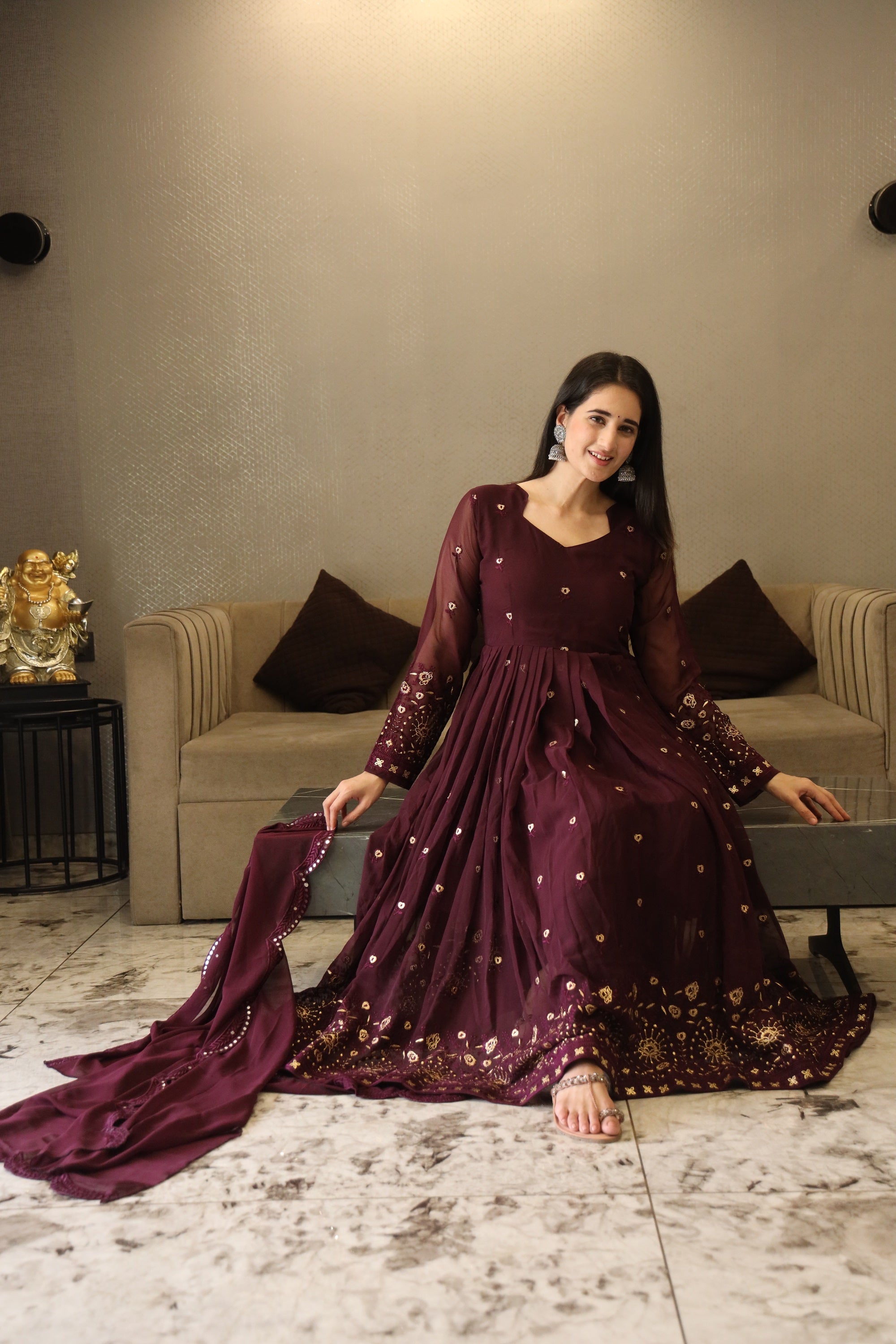 Yash Enterprise Wine Coloured Anarkali Embroidery Suit Set Stitched