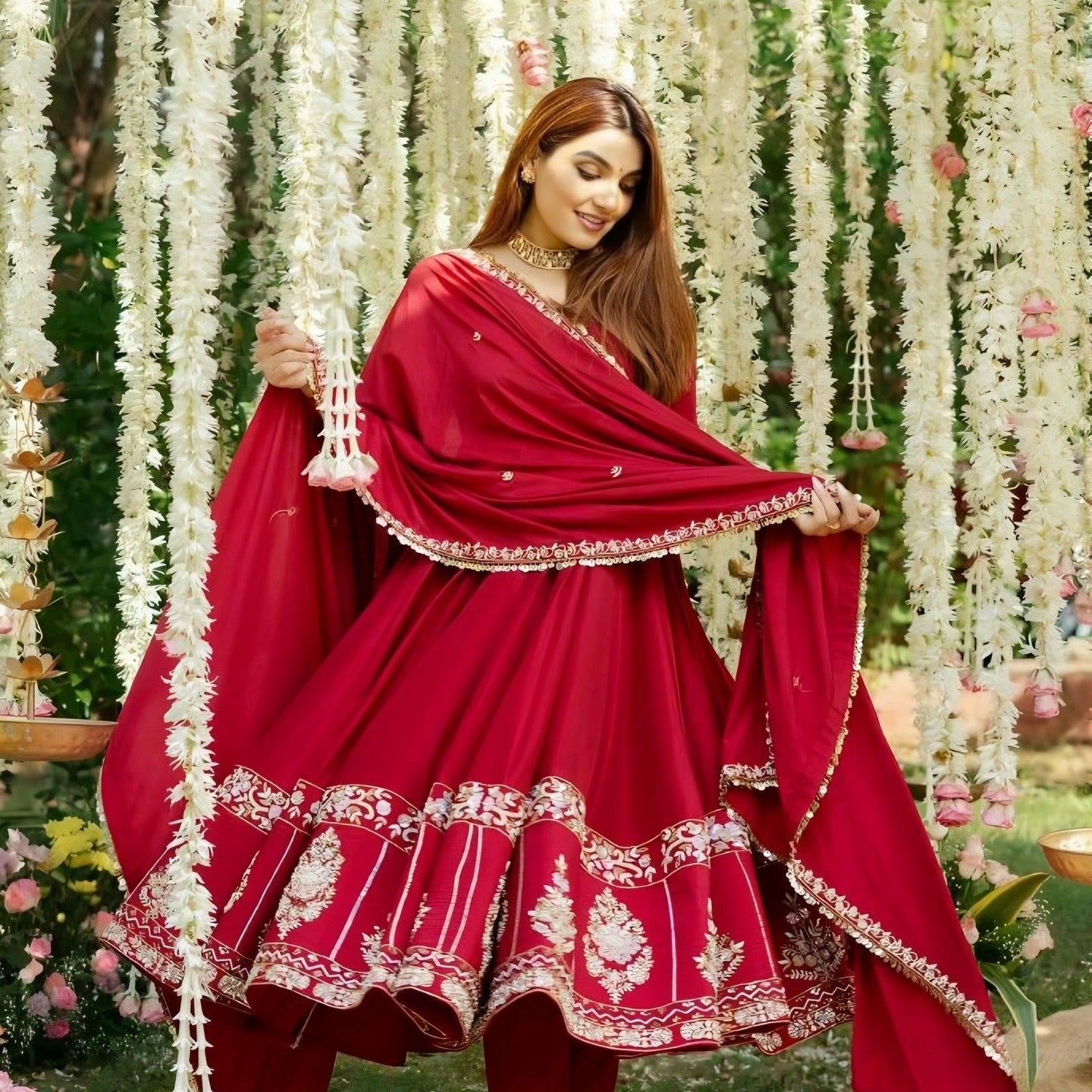 Yash Enterprise Red Roman Silk Embroidery Suit Set