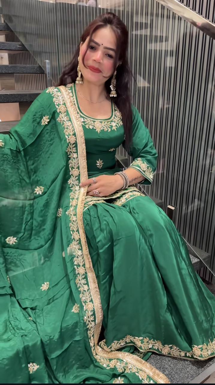 Yash Enterprise Green Crep Silk Party Wear Embriodery Paty Wear Suit Set