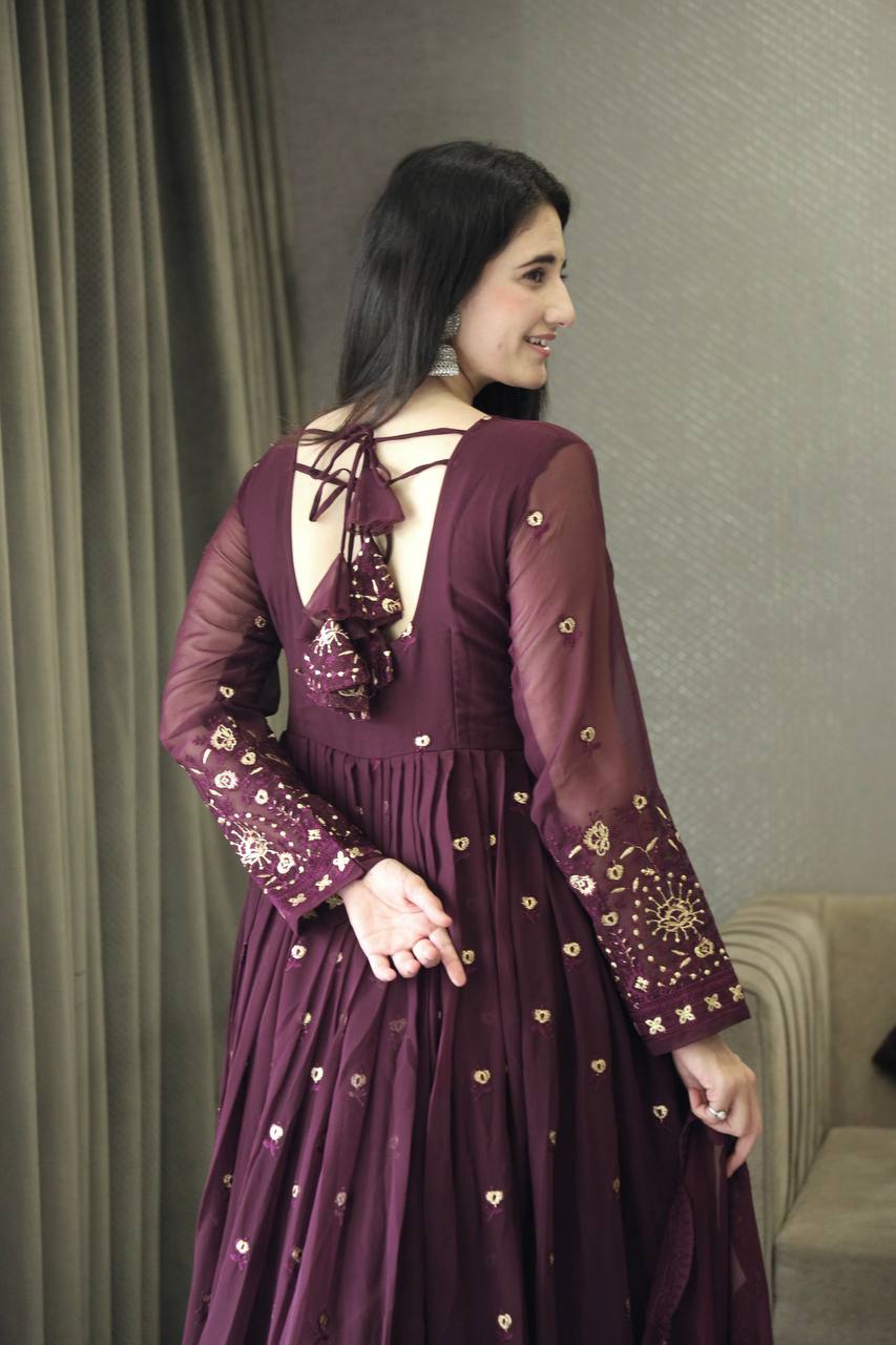 Yash Enterprise Maroon Anarkali Salwar Suit With Mirror And Gota Patti Work