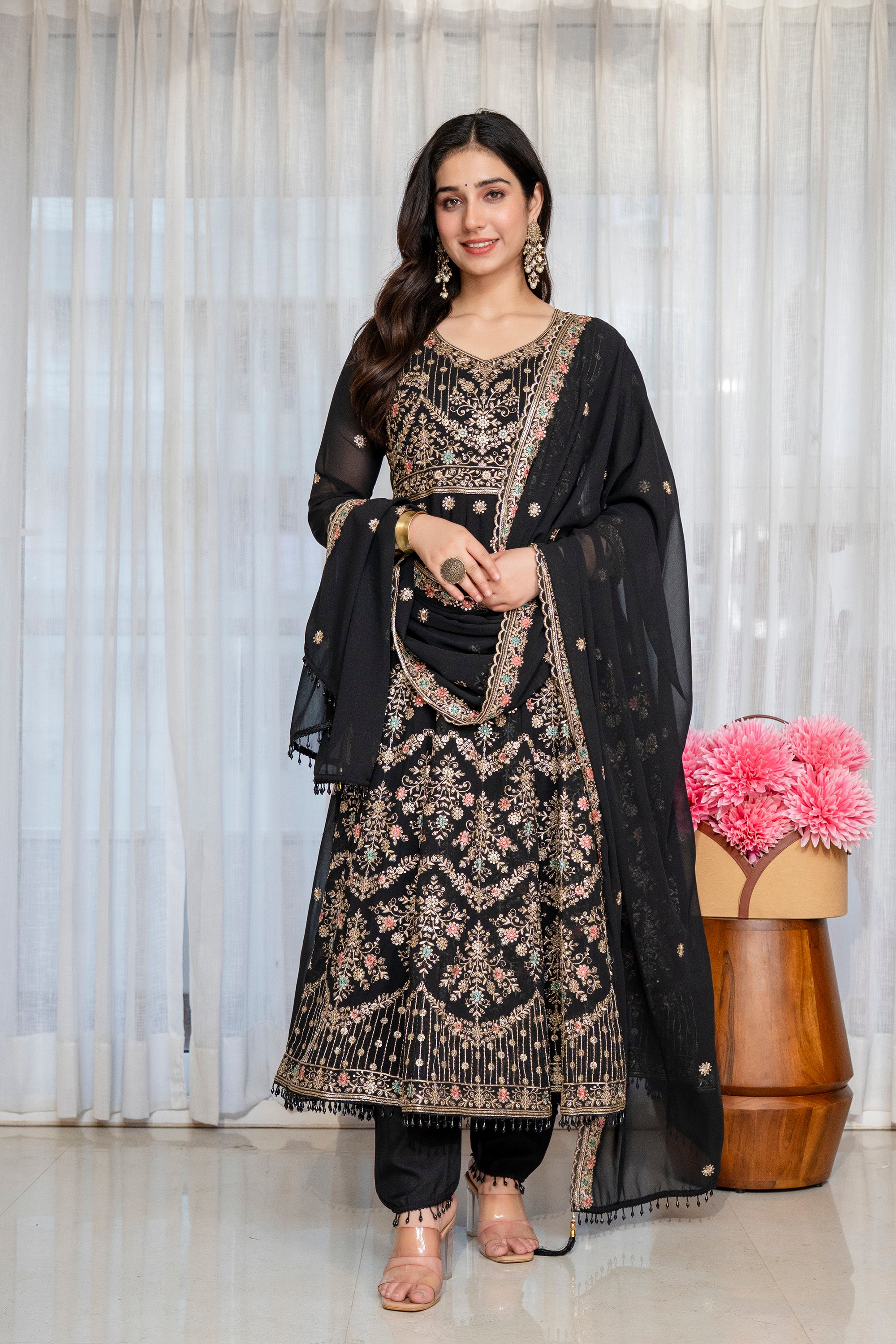 Yash Enterprise Black Georgette Party Wear Anarkali Suit Set - Dista