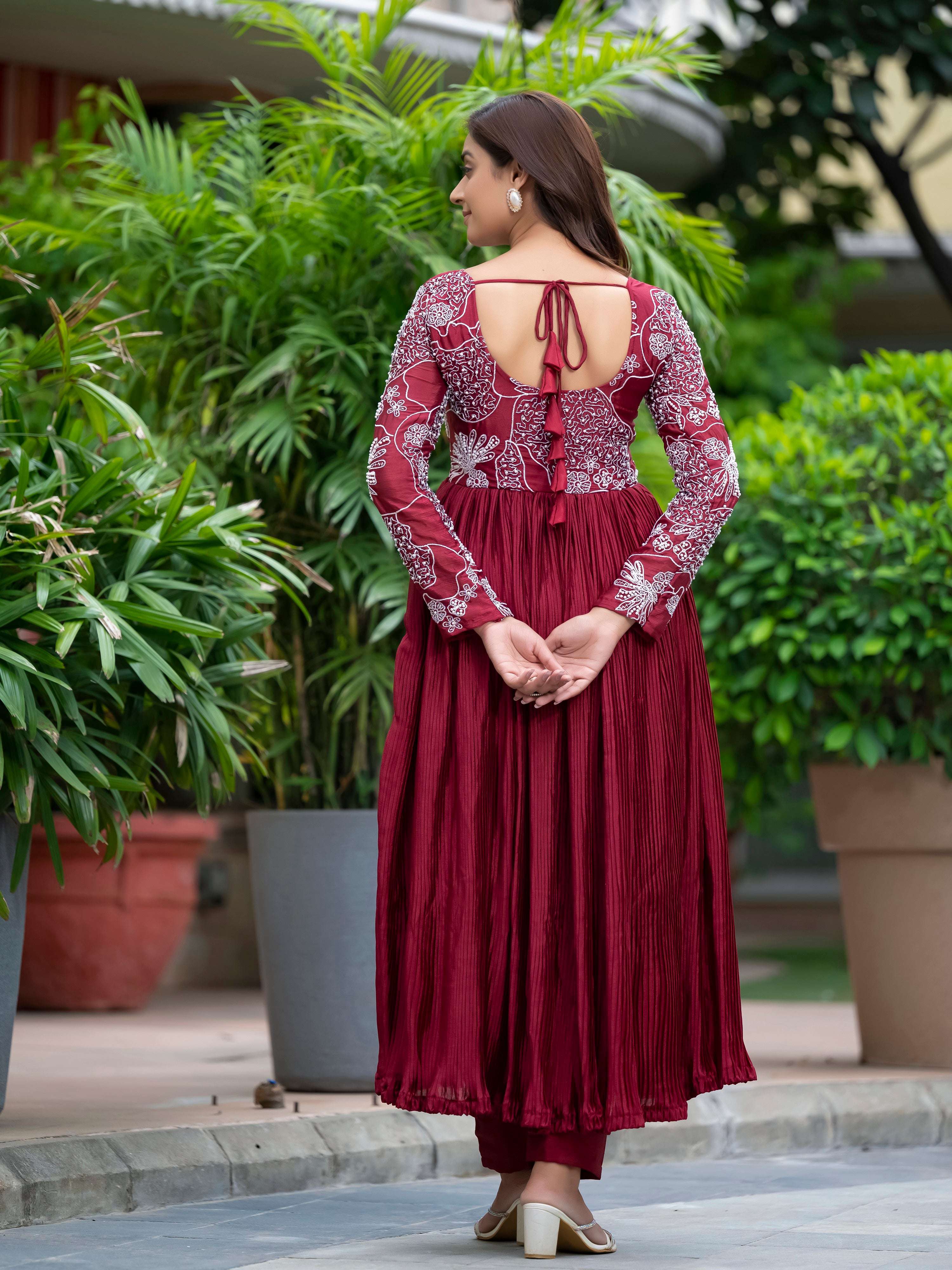 Yash Enterprise Maroon Chinon Silk Party Wear Embroidery Suit Set