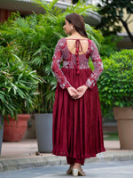 Thumbnail for Yash Enterprise Maroon Chinon Silk Party Wear Embroidery Suit Set