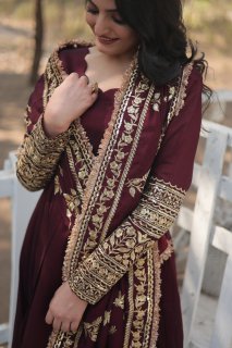 Yash Enterprise Dark Maroon Vichitra Shimmer With Rich Sequins Embroidered Work Party Wear Suit Set Stitched