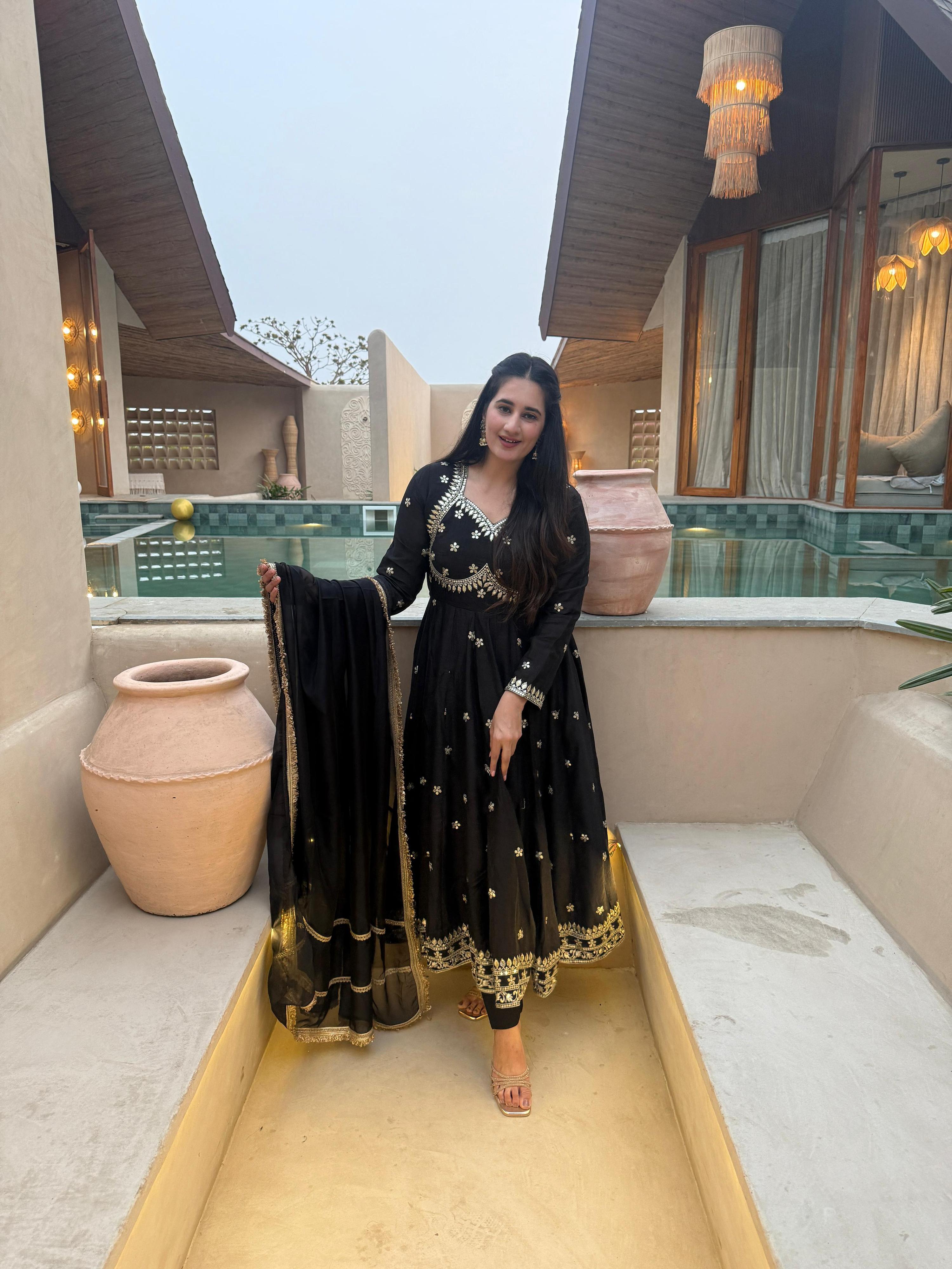 Yash Enterprise Black Vichitra Silk Party Wear Embroidery Suit Set - Distacart