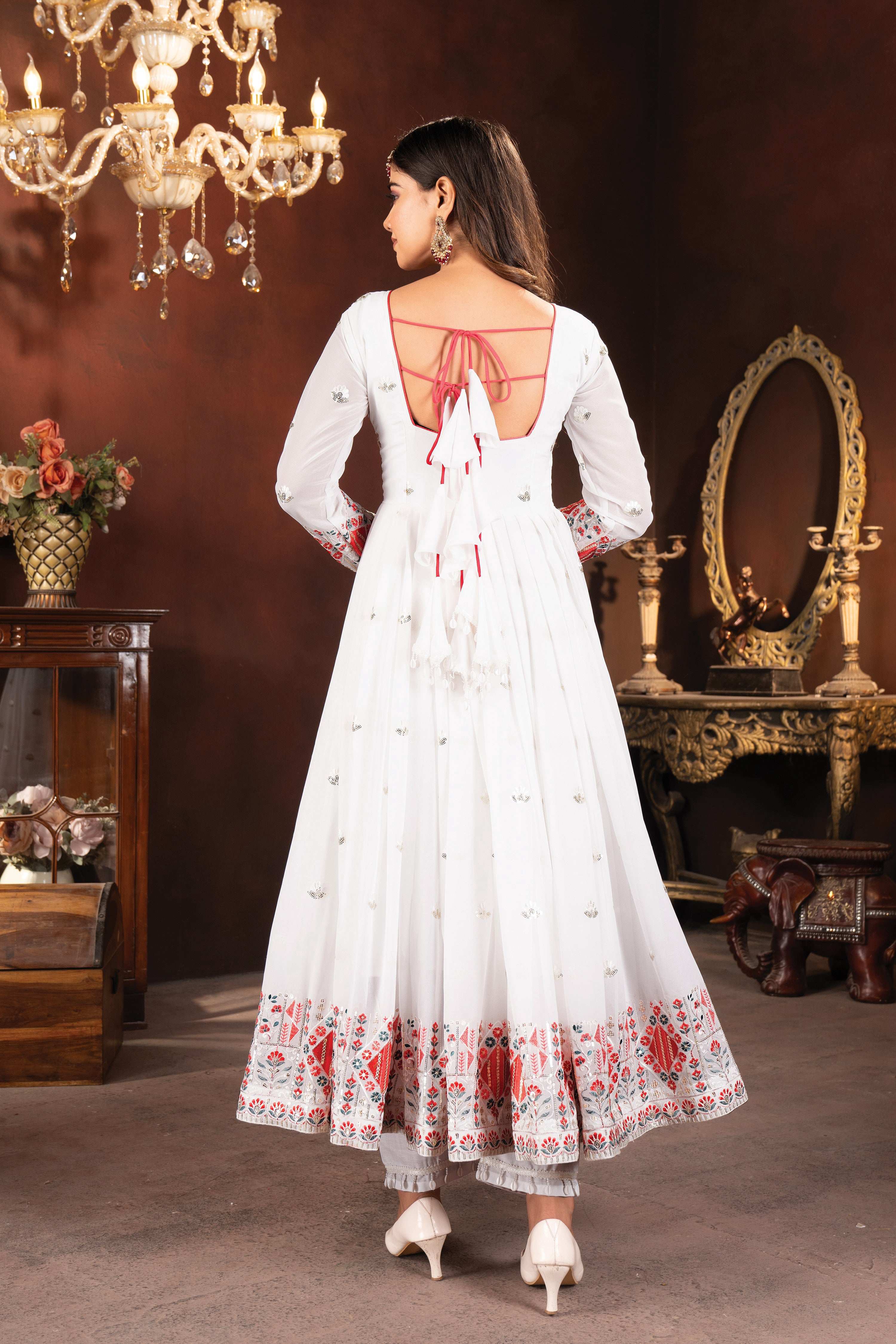 Yash Enterprise White Faux Blooming Embroidery Party Wear Suit Set