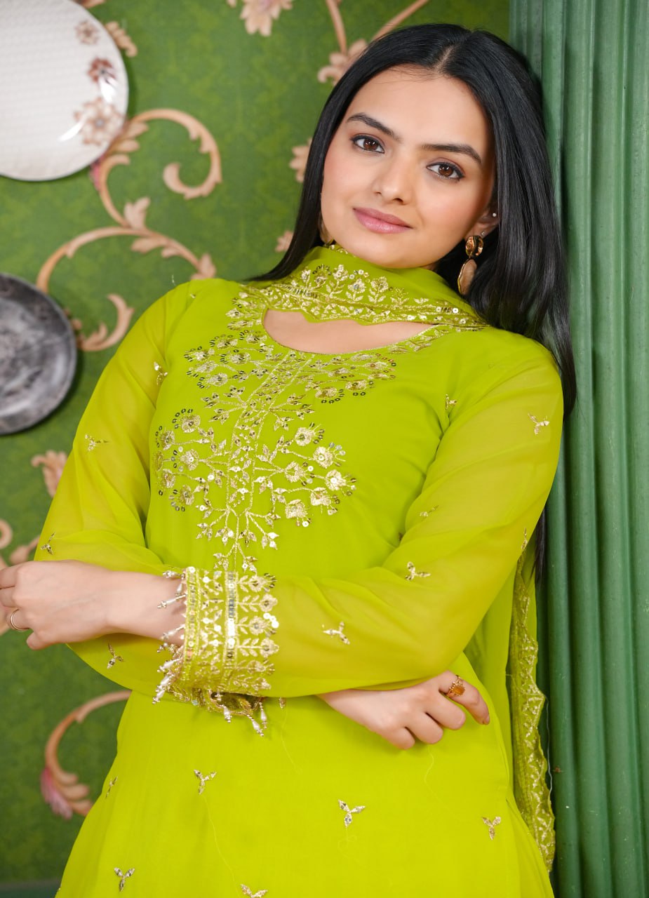 Yash Enterprise Green Georgette Party Wear Embroidery Party Wear Suit Set
