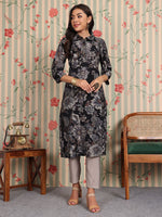 Thumbnail for Ode by House of Pataudi Floral Printed Regular Chanderi Silk Kurta with Trousers - Distacart
