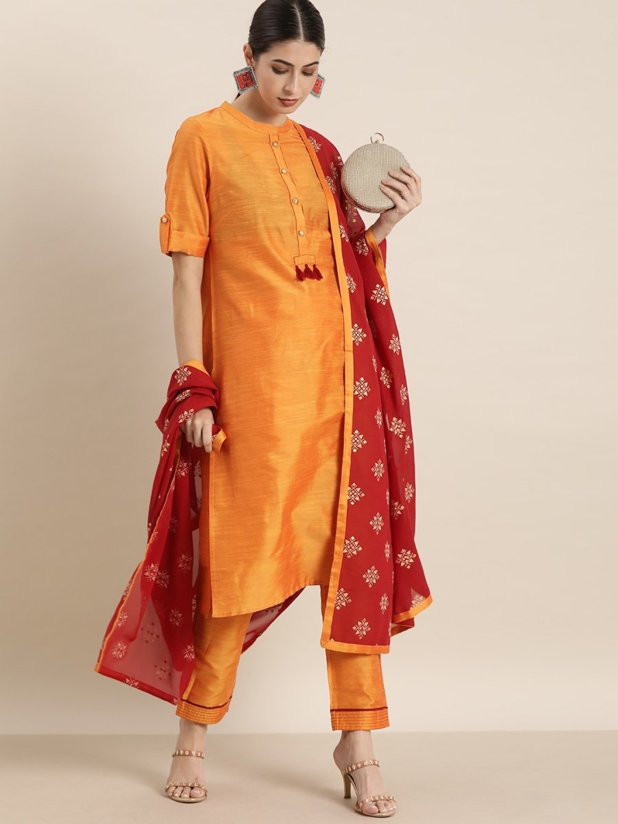 All About You Women Orange Regular Kurta with Trousers & With Dupatta - Distacart