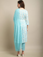 Thumbnail for Sangria White & Blue Floral Printed Mirror Work A-Line Kurta With Trouser & Dupatta