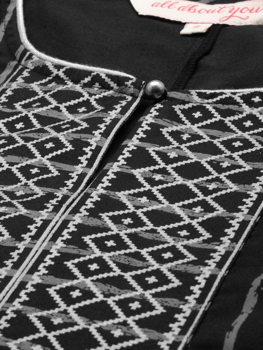 All About You Women Black & Grey Striped Keyhole Neck Kurta with Palazzos & Dupatta - Distacart