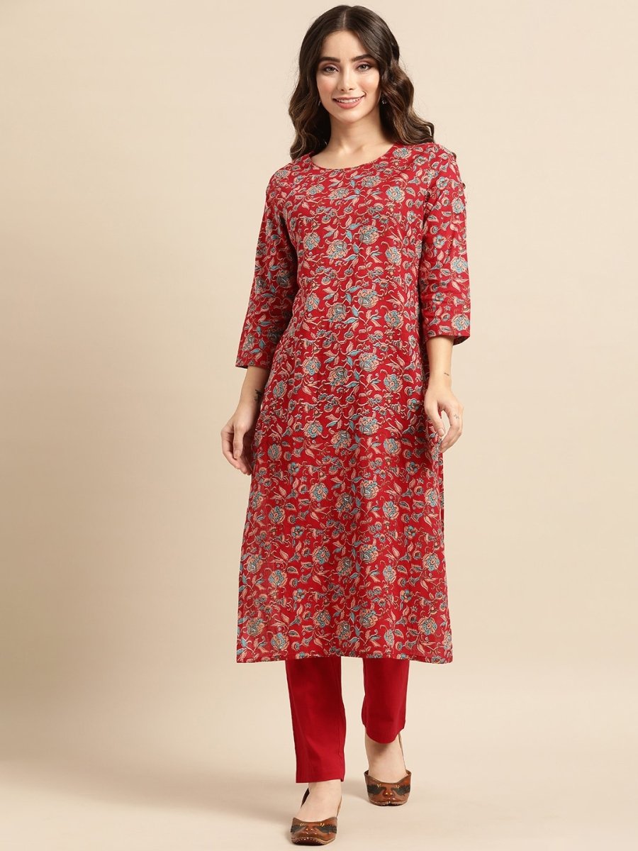 All About You Women Red Floral Printed Pure Cotton Kurta with Trousers - Distacart