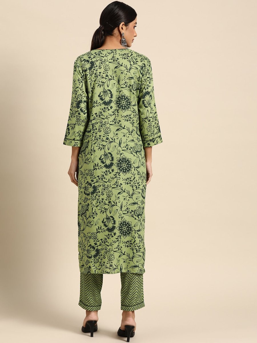 All About You Women Green Ethnic Motifs Printed Kurta with Trousers - Distacart