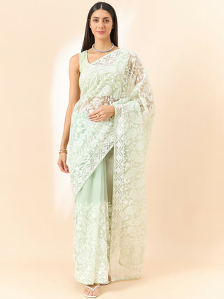 Green Organza Paisely Embroidered Saree with Unstitched Blouse Piece - Roozal - Distacart