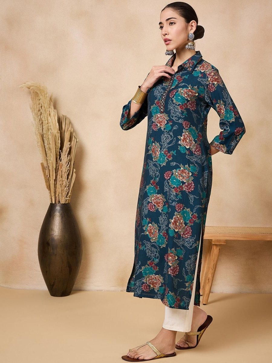 Anouk Floral Printed Mirror Work Straight Kurta