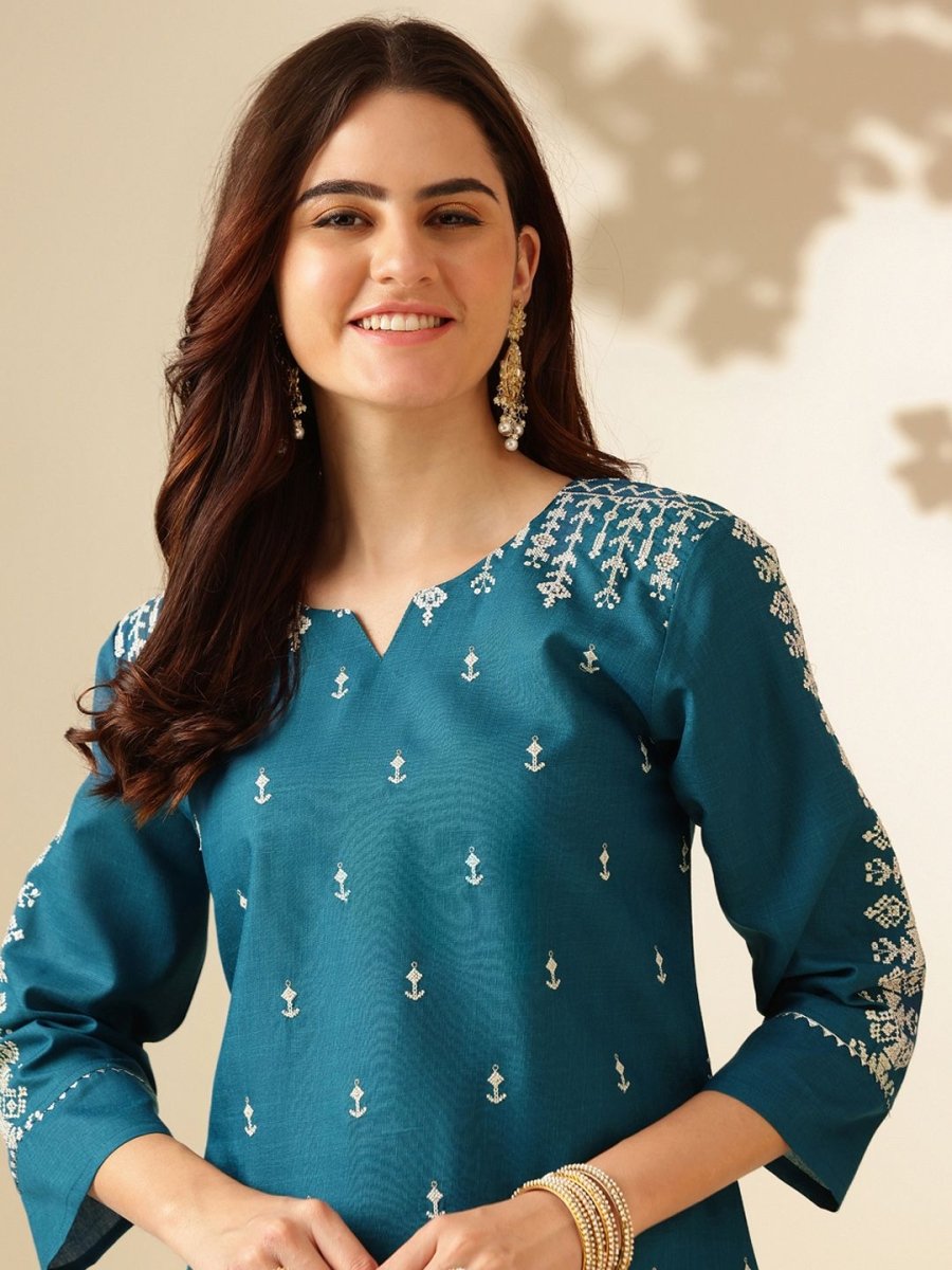 Anouk Teal Ethnic Motifs Embroidered Straight Kurta & Trouser With Dupatta - Distacart