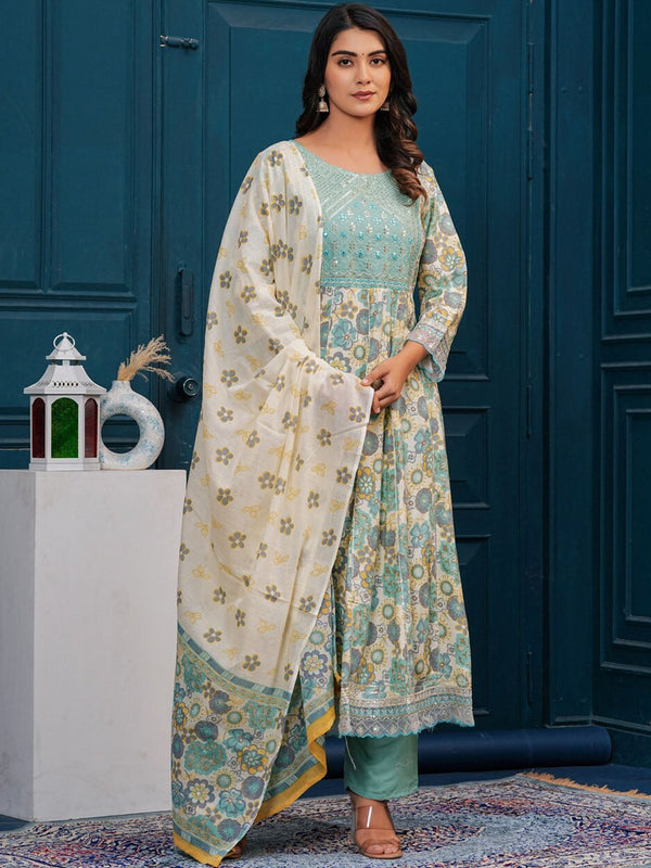 Floral Embroidered Regular Pure Cotton Kurta with Trousers & With Dupatta (Sea Green) - Rasiya