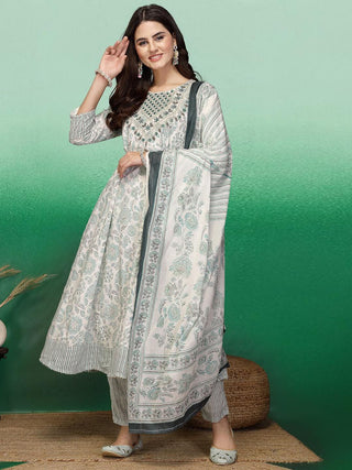 Sangria White & Green Floral Printed A-Line Kurta With Trouser & Dupatta - Distacart
