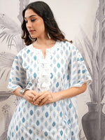 Thumbnail for Vishudh White & Blue Floral Printed Pure Cotton Straight Kurta with Trousers