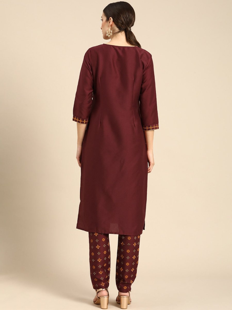 All About You Women Maroon Floral Yoke Design Regular Kurta with Trousers - Distacart