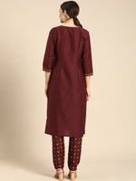 Thumbnail for All About You Women Maroon Floral Yoke Design Regular Kurta with Trousers - Distacart