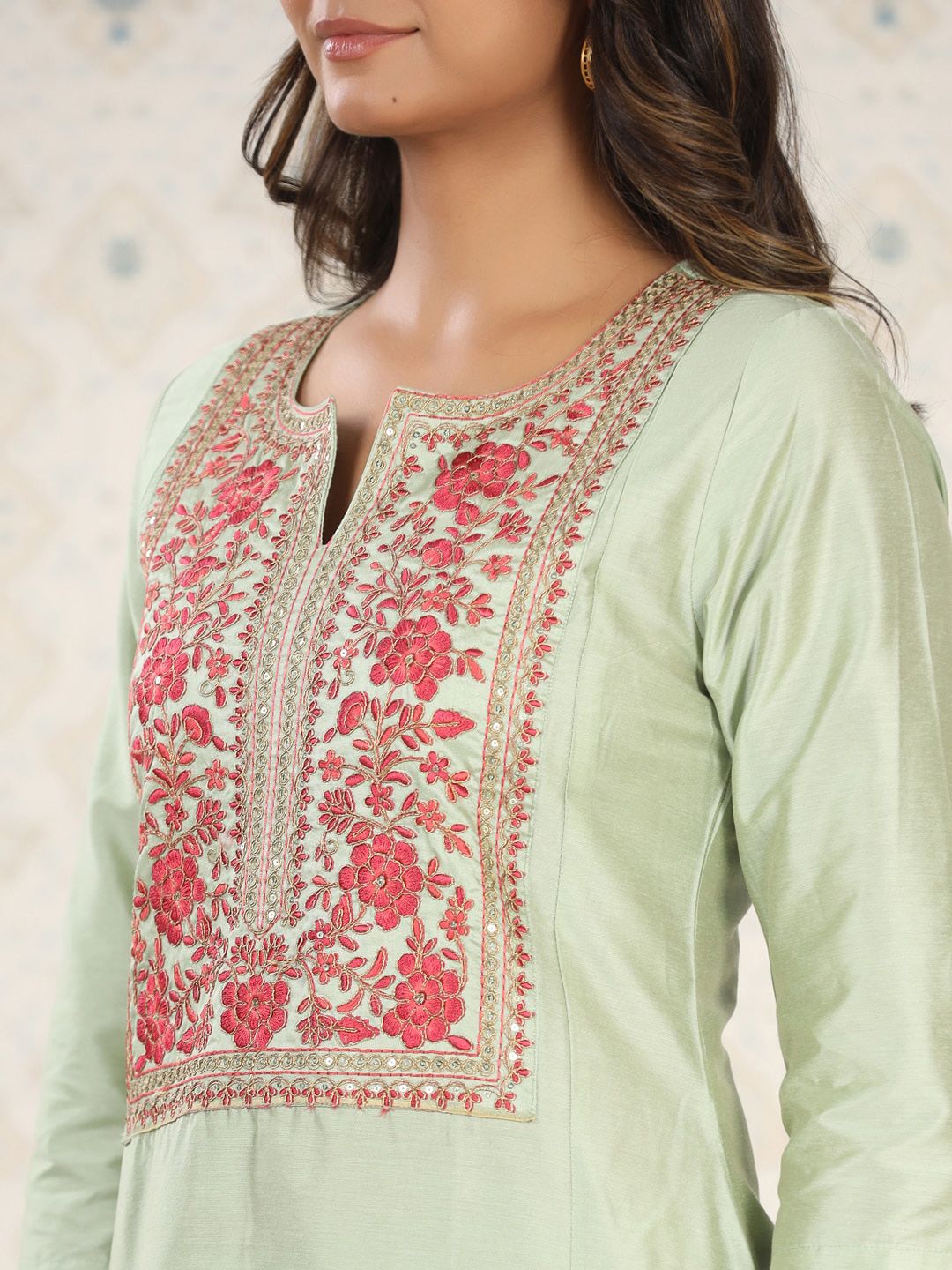 Ode by House of Pataudi Embroidered Gota Patti A-Line Kurta with Trousers and Dupatta - Distacart