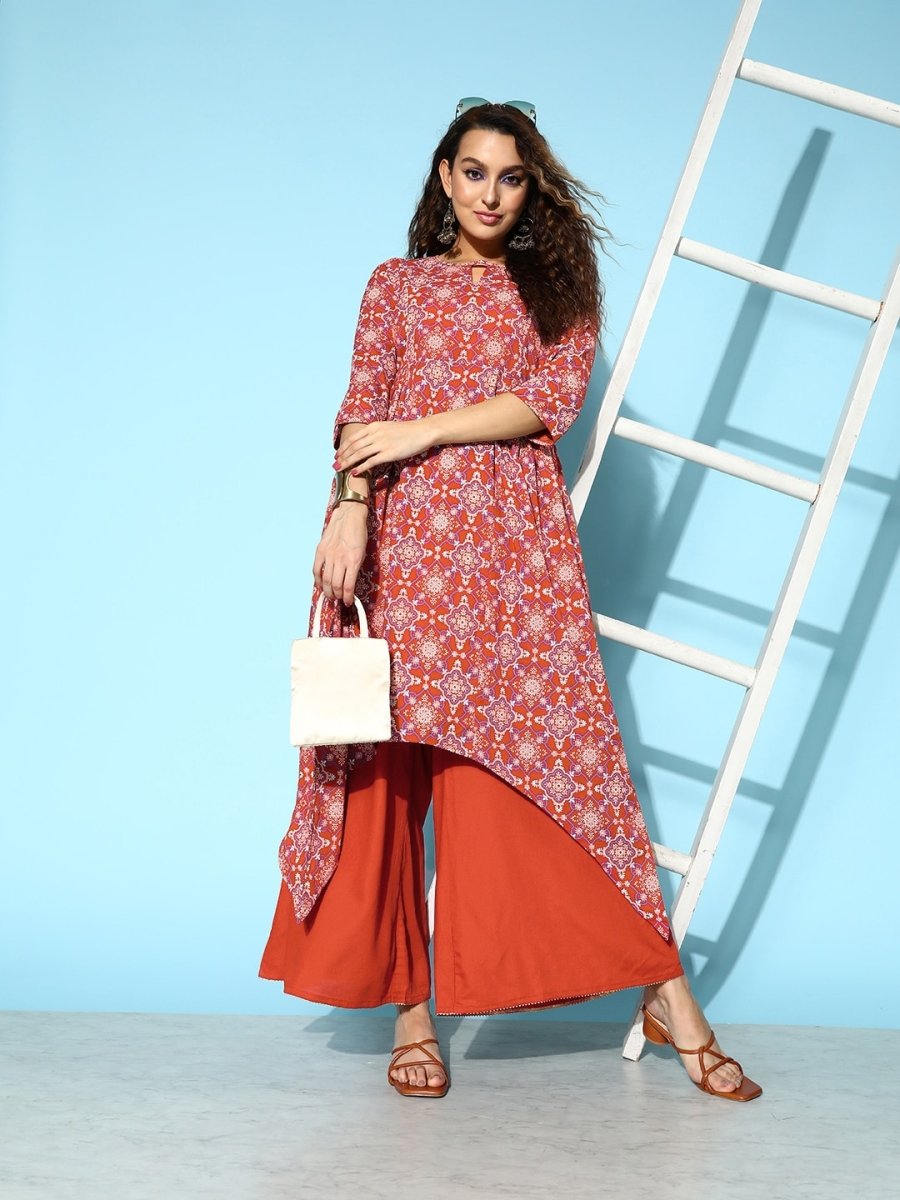 All About You Brick Red Printed Dipped Hem Veere Di Wedding A-Line Kurta with Palazzos - Distacart
