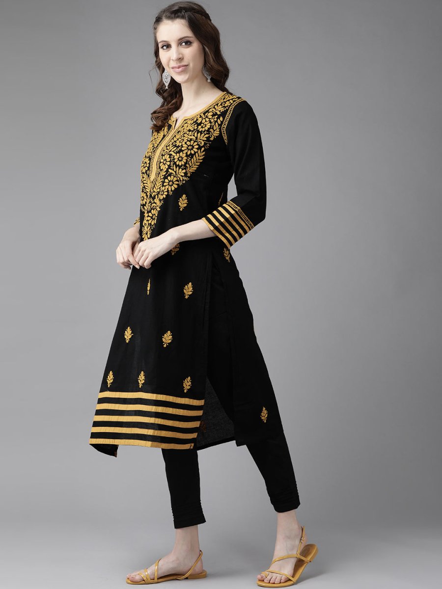 ADA Women Black & Mustard Yellow Pure Cotton Chikankari Embroidered Handloom Kurta with Trousers - Distacart