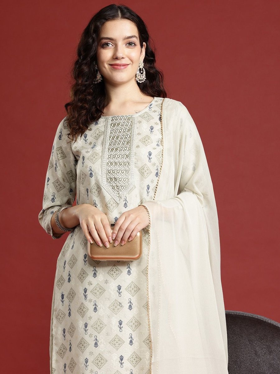 Anouk Ethnic Motifs Printed Regular Thread Work Kurta with Trousers & Dupatta - Distacart