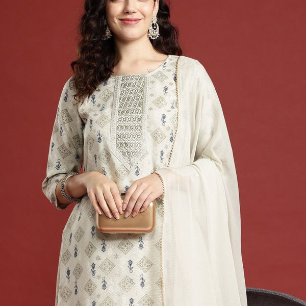 Anouk Ethnic Motifs Printed Regular Thread Work Kurta with Trousers & Dupatta - Distacart