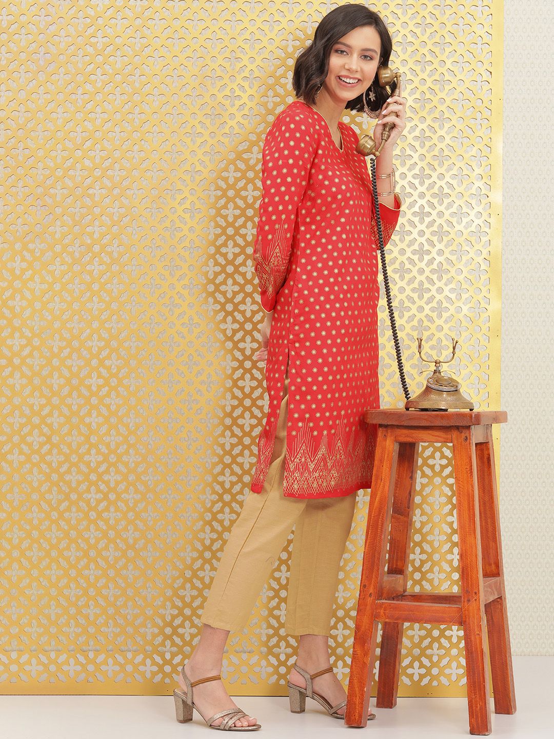 Ode by House of Pataudi Women Red & Gold-Toned Ethnic Motifs Printed Block Print Brocade Kurta - Distacart