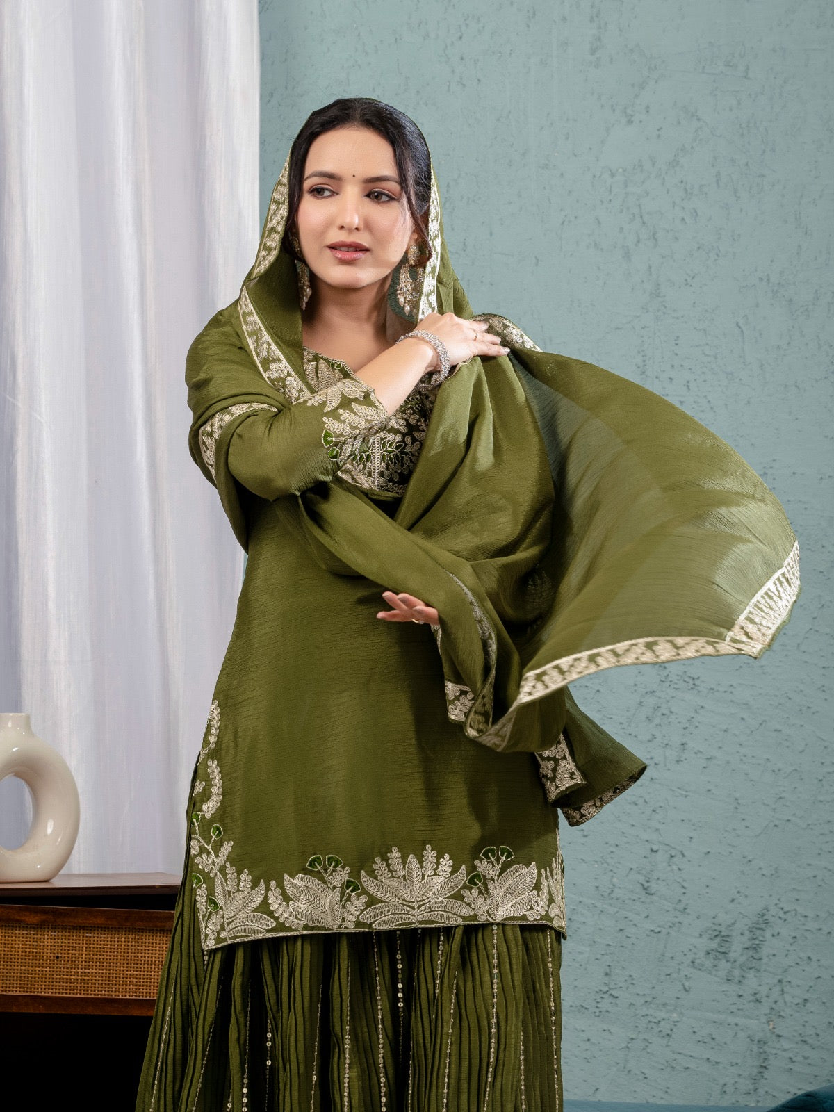Yash Enterprise Green Chinon Silk Embroidery Party Wear Suit Set