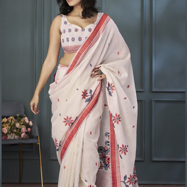 Anaita Off White Designer Weaving Handloom Linen Saree With Blouse - Distacart