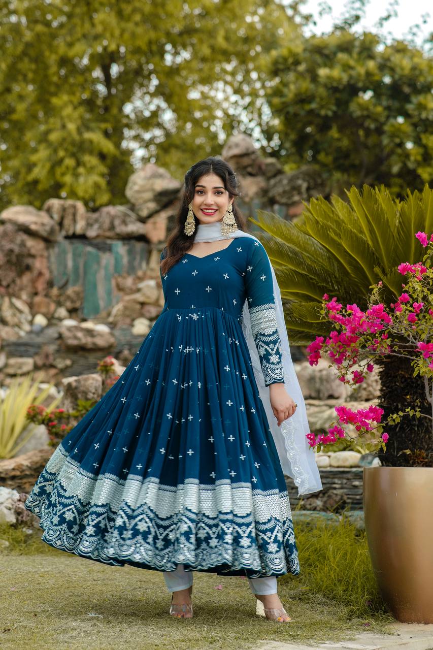 Yash Enterprise Navy Blue Fux Georgette With Emboidery Work Slwar Suits Stitched