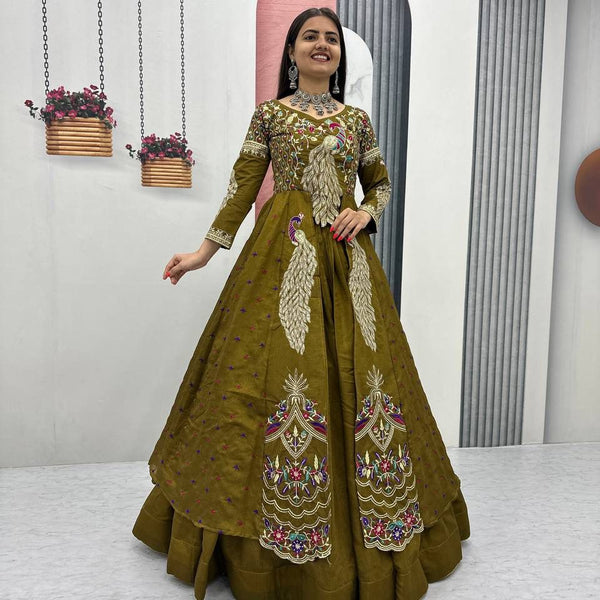 Yash Enterprise Mahendi Green Vichitra Silk Party Wear Embroidery Crop Top With Blouse Lehenga Choli - Distacart