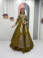 Thumbnail for Yash Enterprise Mahendi Green Vichitra Silk Party Wear Embroidery Crop Top With Blouse Lehenga Choli - Distacart