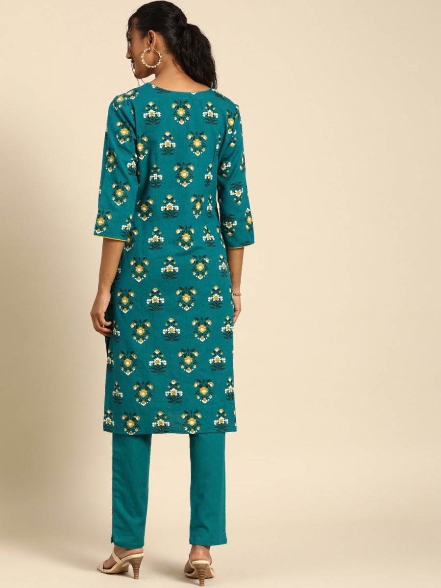 All About You Women Teal Blue Floral Printed Regular Pure Cotton Kurta with Trousers - Distacart